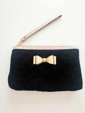 Quilted Black Wristlet Cosmetic Pouch with Gold Bow Accent